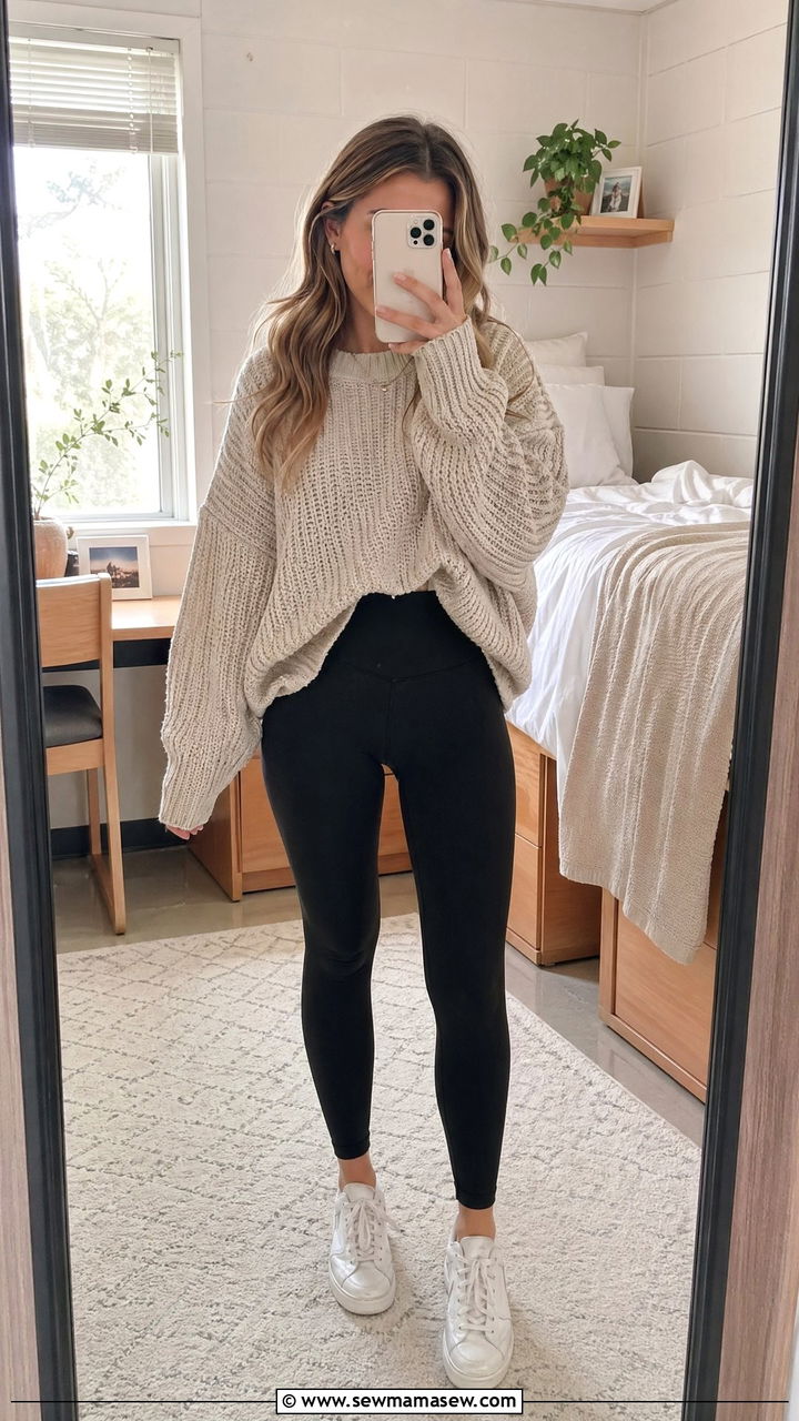 Oversized Sweater with Leggings and White Sneakers - 35 college outfits ideas