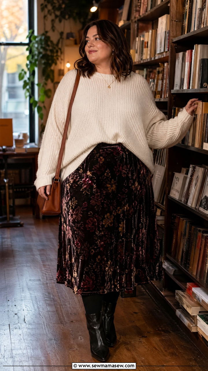 Oversized Sweater with Patterned Midi Skirt - 35 classy outfits for plus size women