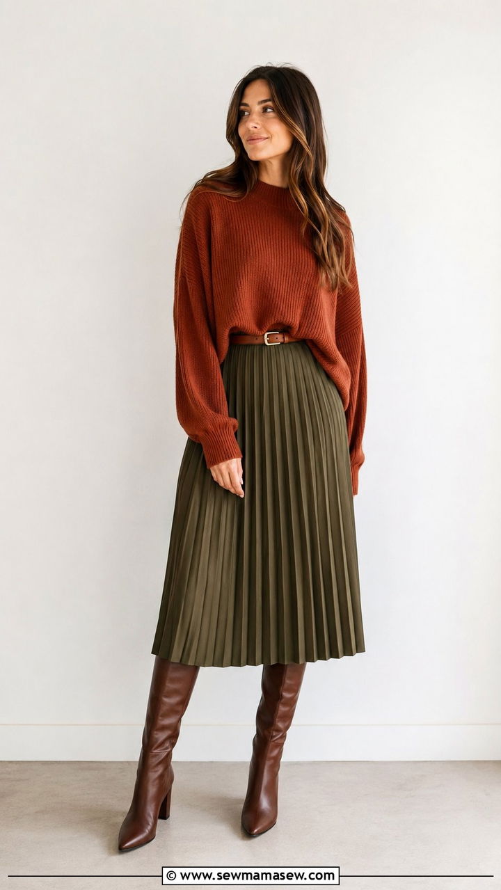 Oversized Sweater with Pleated Skirt Outfit - 35 modest outfit ideas for women