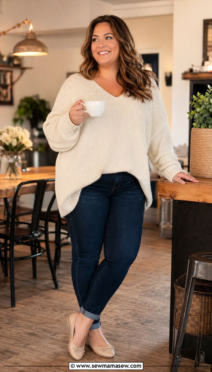 Oversized Sweater with Skinny Jeans - 35 Plus size mom outfit ideas