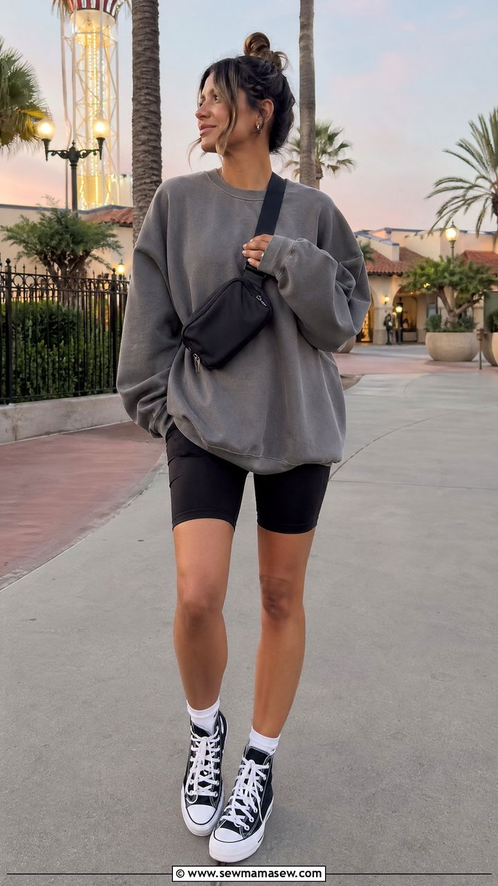 Oversized Sweatshirt With Biker Shorts And High Top Sneakers - 35 Universal Studios outfit ideas