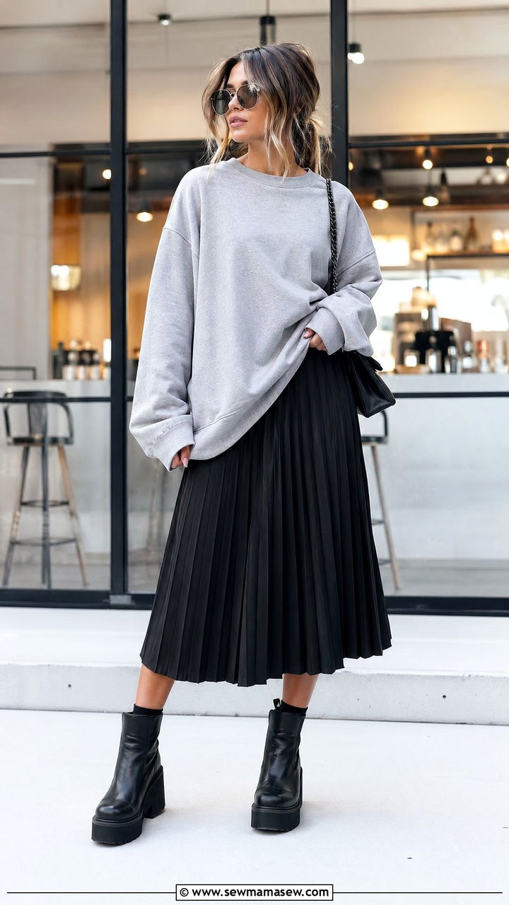 Oversized Sweatshirt With Pleated Midi Skirt - 35 streetwear outfits