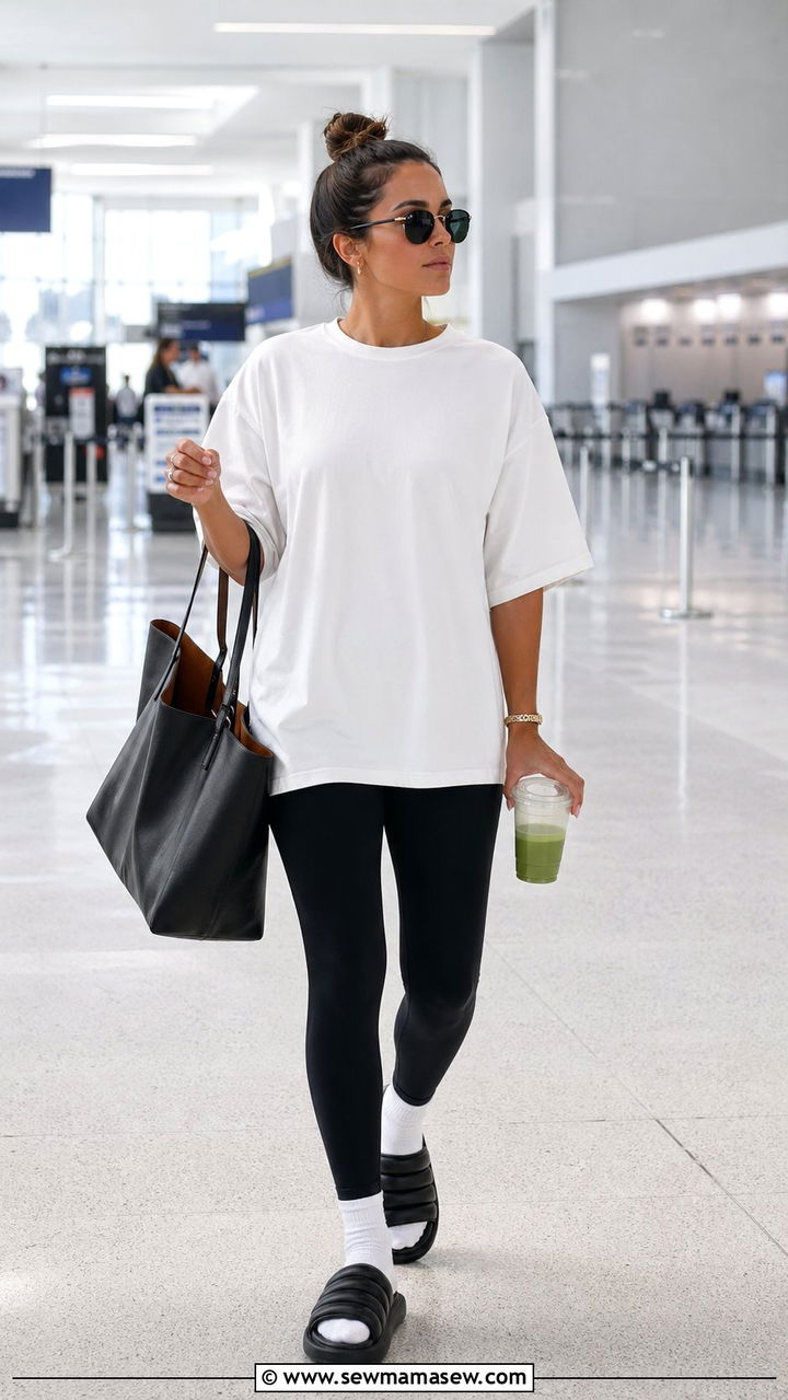 Oversized T shirt and leggings travel look - 30 Airport outfit ideas with leggings