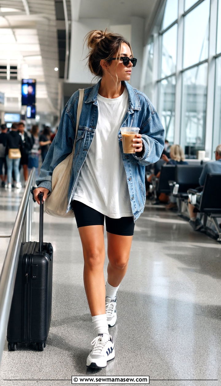 Oversized Tee With Biker Shorts And Denim Jacket - 30 Airport outfit ideas long haul flight