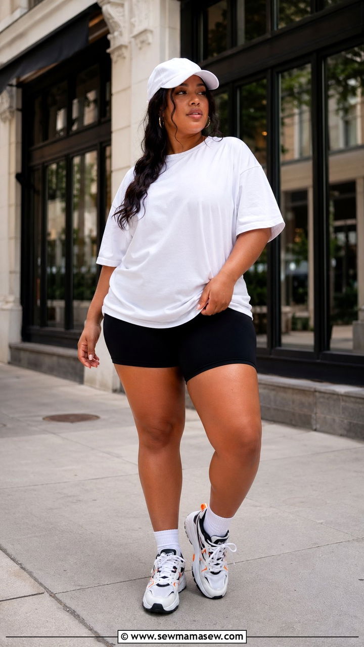 Oversized Tee With Fitted Bike Shorts Outfit - 35 Plus size gym outfit ideas