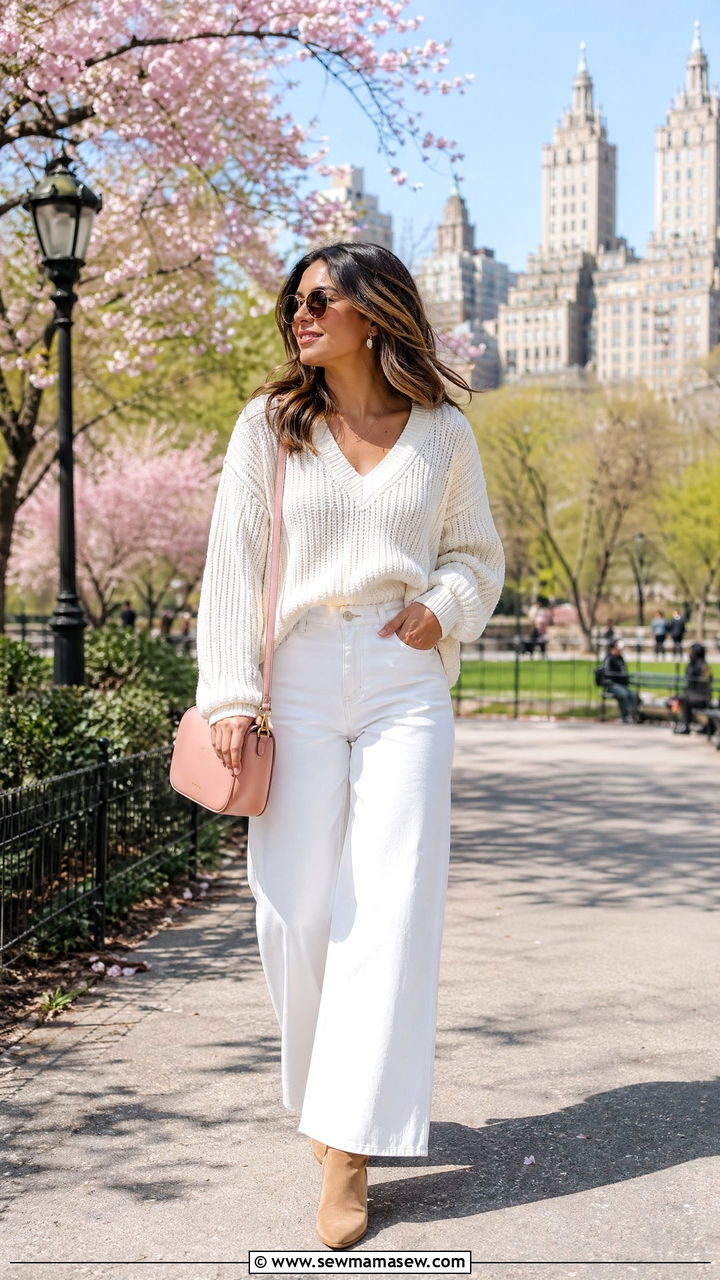 Oversized V Neck Sweater with White Wide Leg Jeans - 40 spring travel outfit ideas