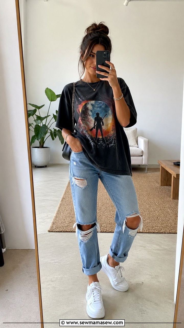 Oversized Vintage Band Tee With Ripped Boyfriend Jeans And Chunky Sneakers - 30 spring edgy outfits