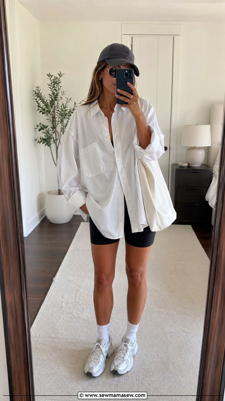 Oversized White Button Down With Bike Shorts And Chunky Sneakers - 35 summer capsule wardrobe outfits
