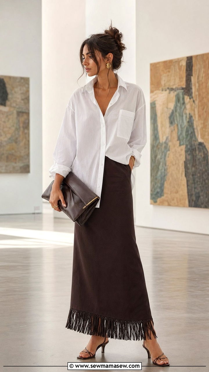 Oversized White Shirt and Fringe Hem Maxi Skirt Outfit - 35 modest classy outfits aesthetic