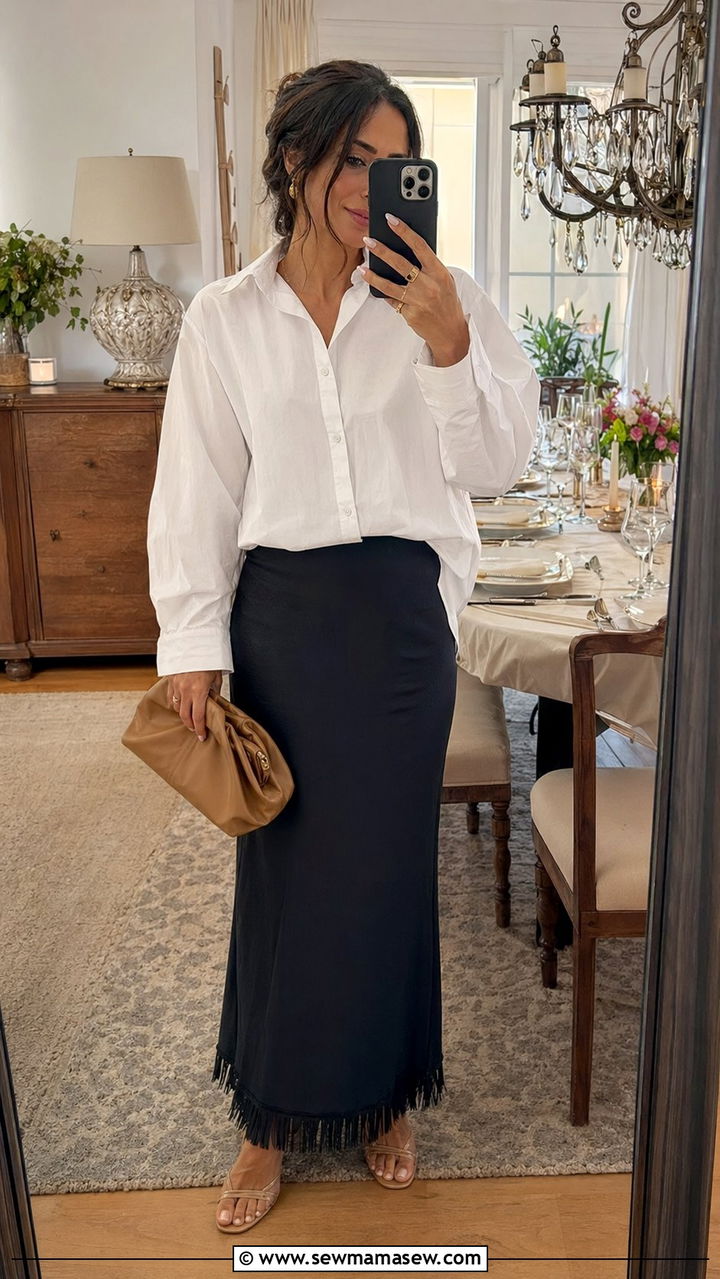 Oversized White Shirt and Fringe Hem Skirt - 35 modest classy outfits