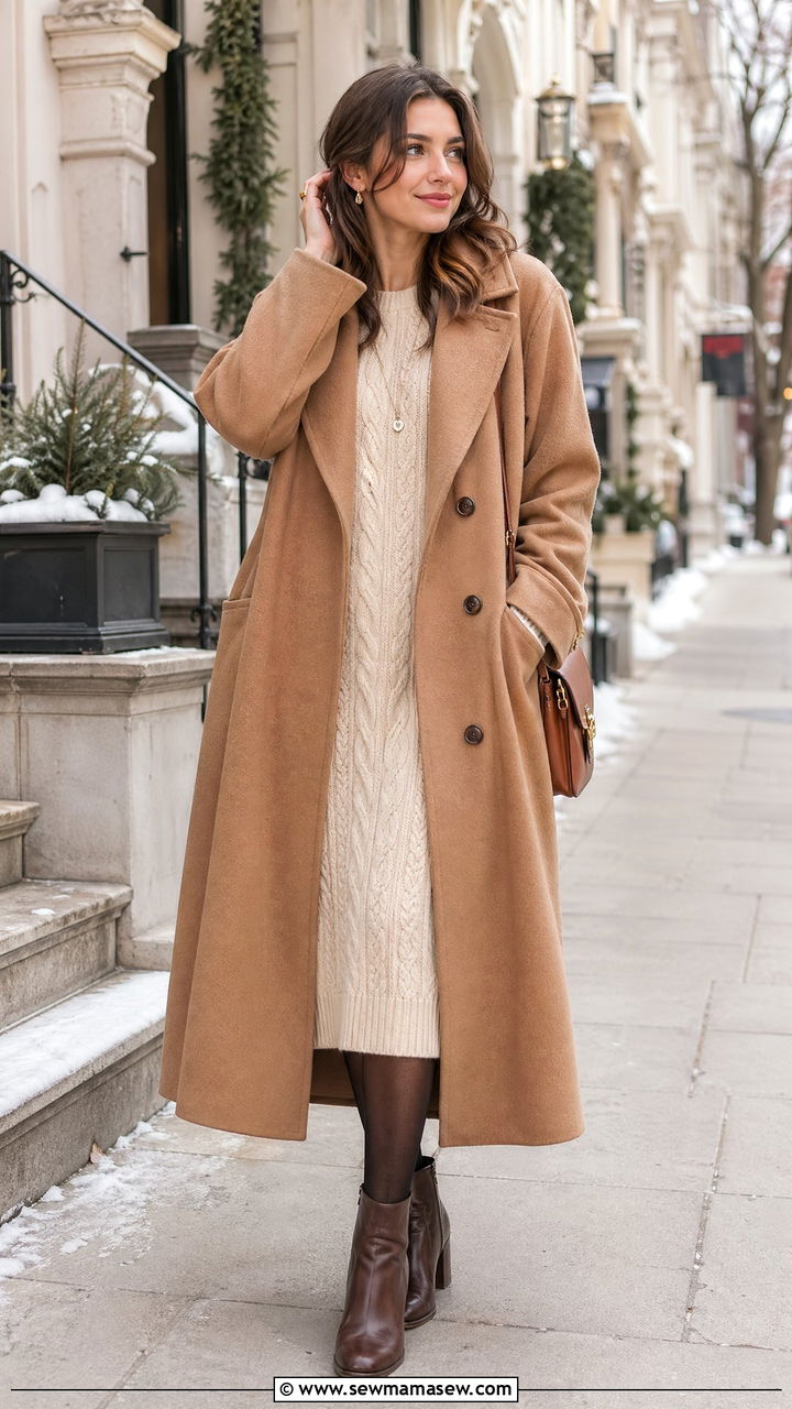 Oversized Wool Coat With Knit Dress And Block Heel Booties - 35 Cottagecore outfit ideas