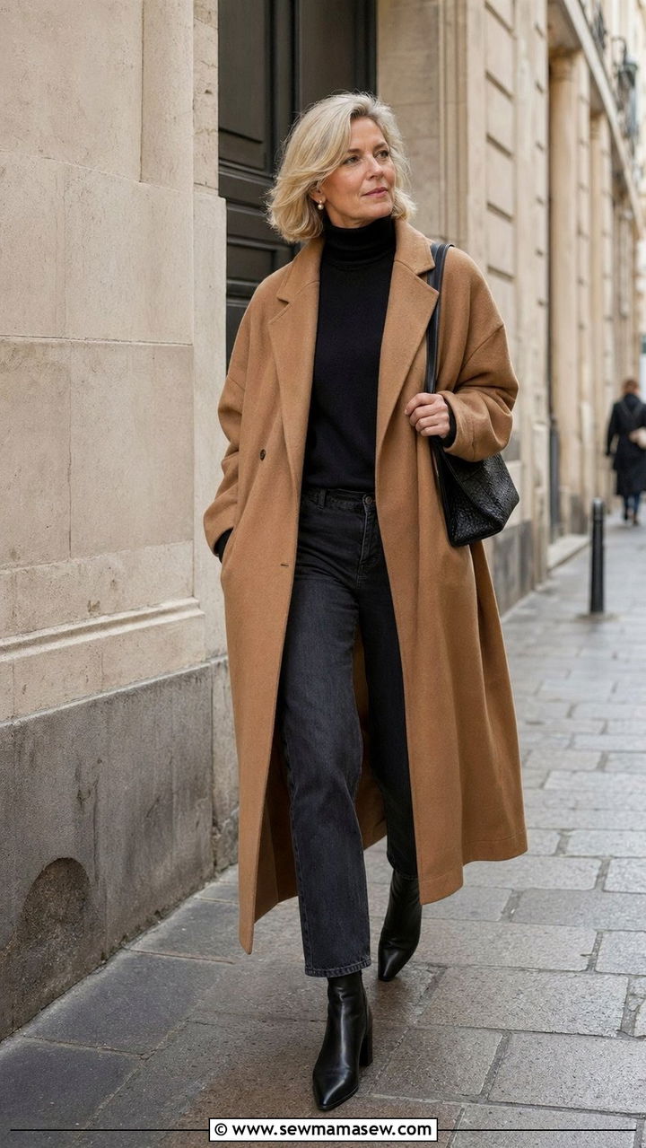 Oversized Wool Coat with Turtleneck and Straight Leg Jeans - 35 Parisian outfits for women over 50