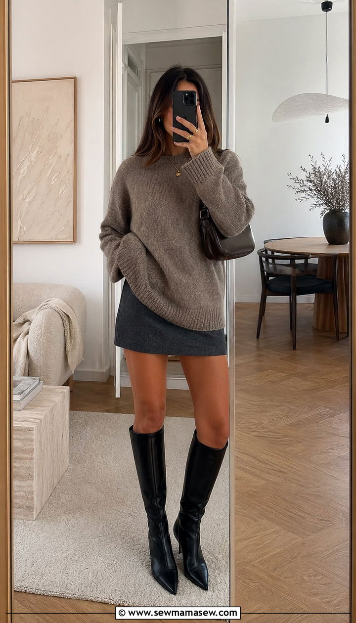 Oversized Wool Sweater with Mini Skirt and High Boots Outfit - 35 Scandinavian outfit ideas