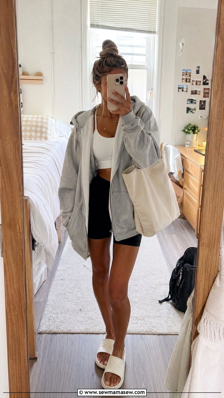 Oversized Zip Up Hoodie and Bike Shorts Outfit - 35 cute back to school outfits