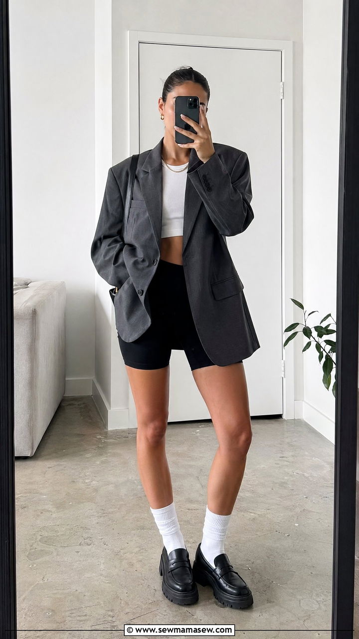 Oversized blazer and bike shorts outfit - 35 shopping outfit ideas for women