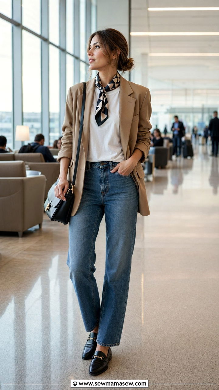 Oversized blazer and straight leg jeans with a silk scarf - 30 Airport outfit ideas with a scarf