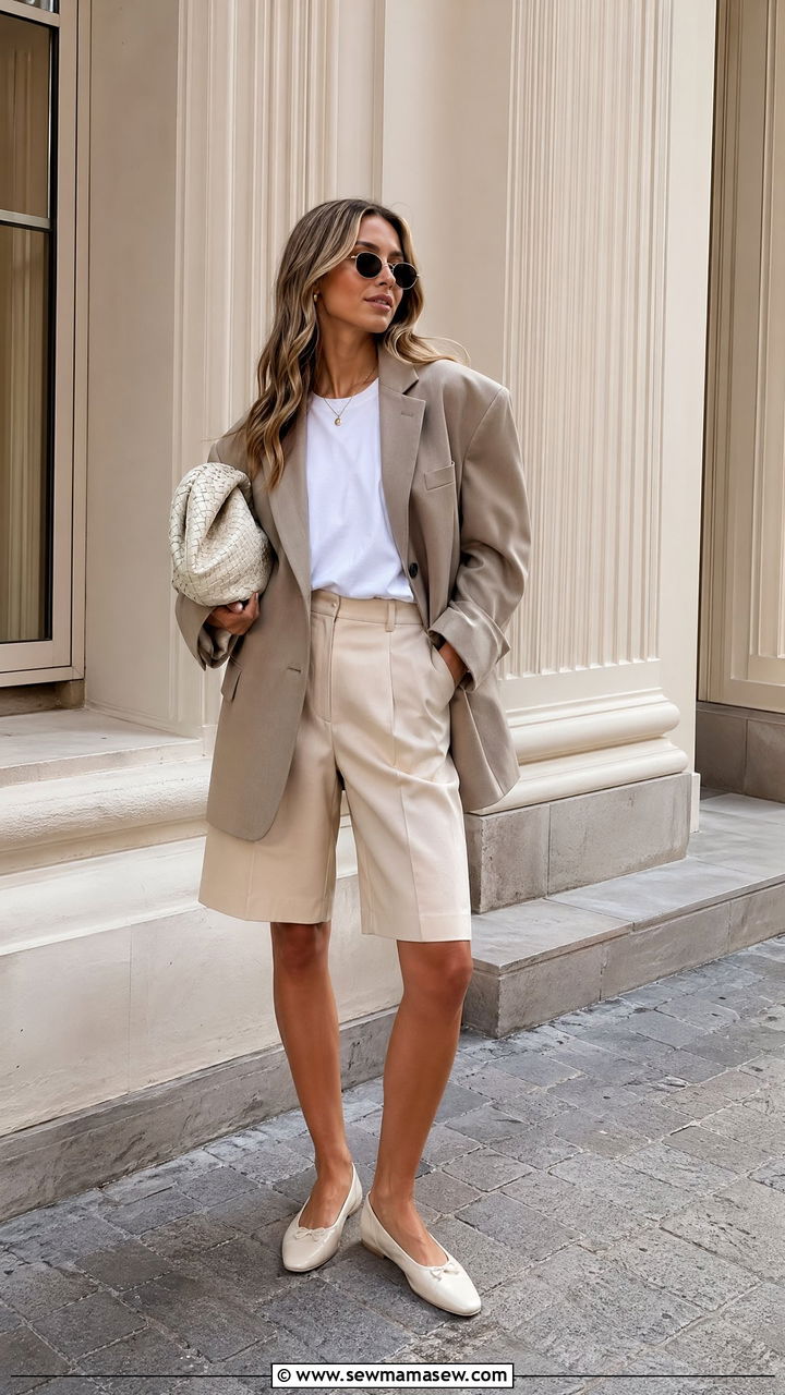 Oversized blazer and tailored shorts spring look - 35 spring clean girl outfits