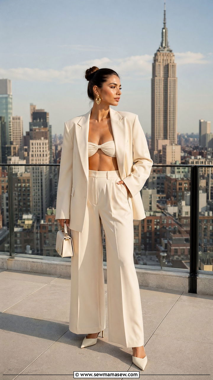 Oversized blazer layered over a bralette and tailored trousers - 35 what to wear to a girls night out