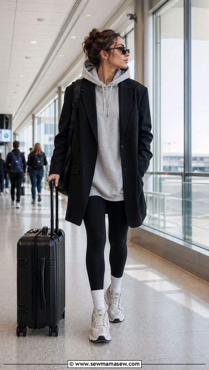 Oversized blazer over a hoodie with leggings - 30 Airport outfit ideas with a blazer