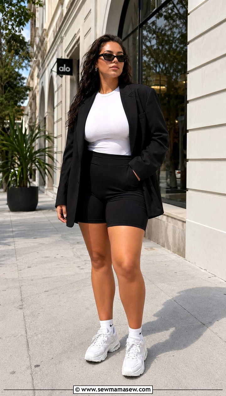 Oversized blazer with bike shorts outfit - 35 Outfit ideas for curvy women