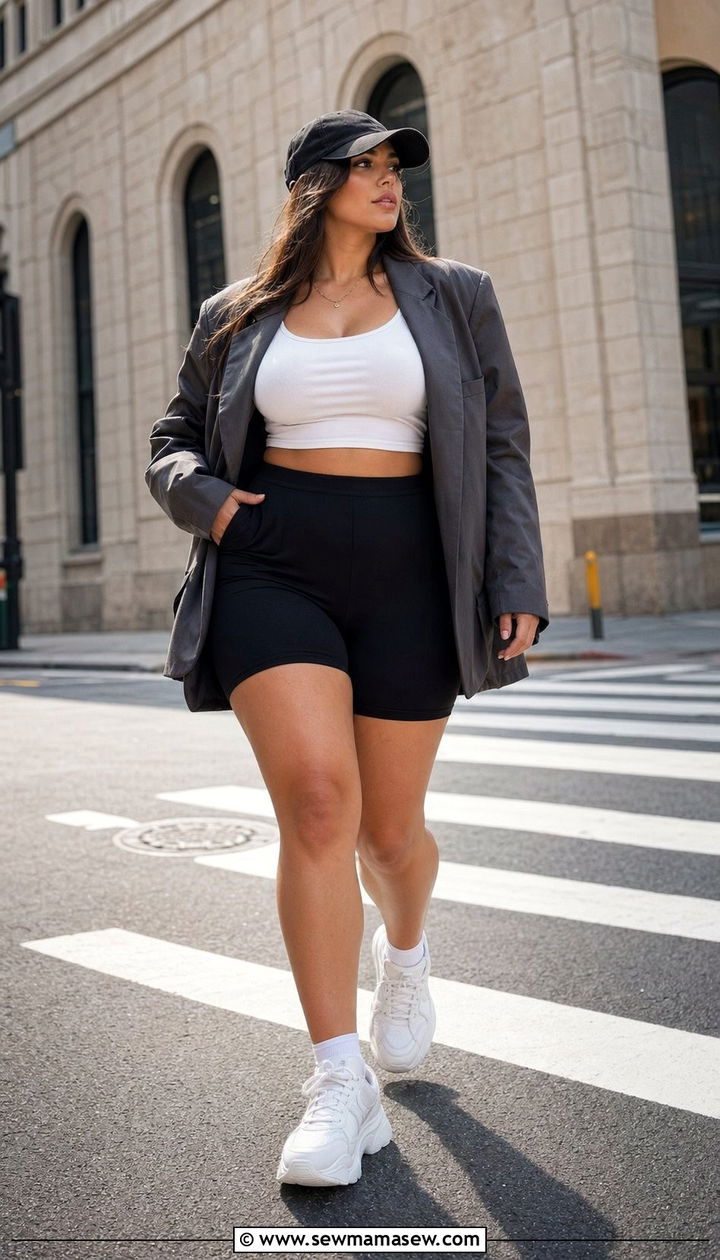 Oversized blazer with biker shorts and chunky sneakers - 30 Best blazers for curvy women