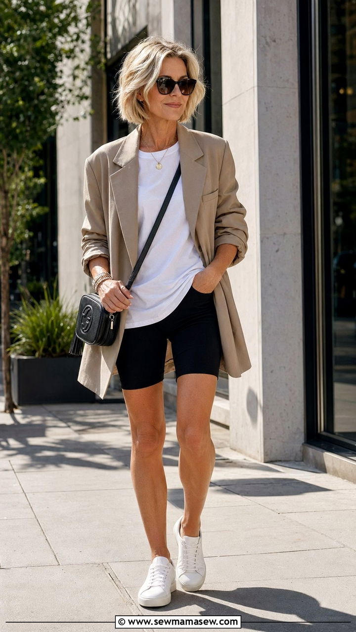 Oversized blazer with biker shorts - 30 Best blazers for women over 50