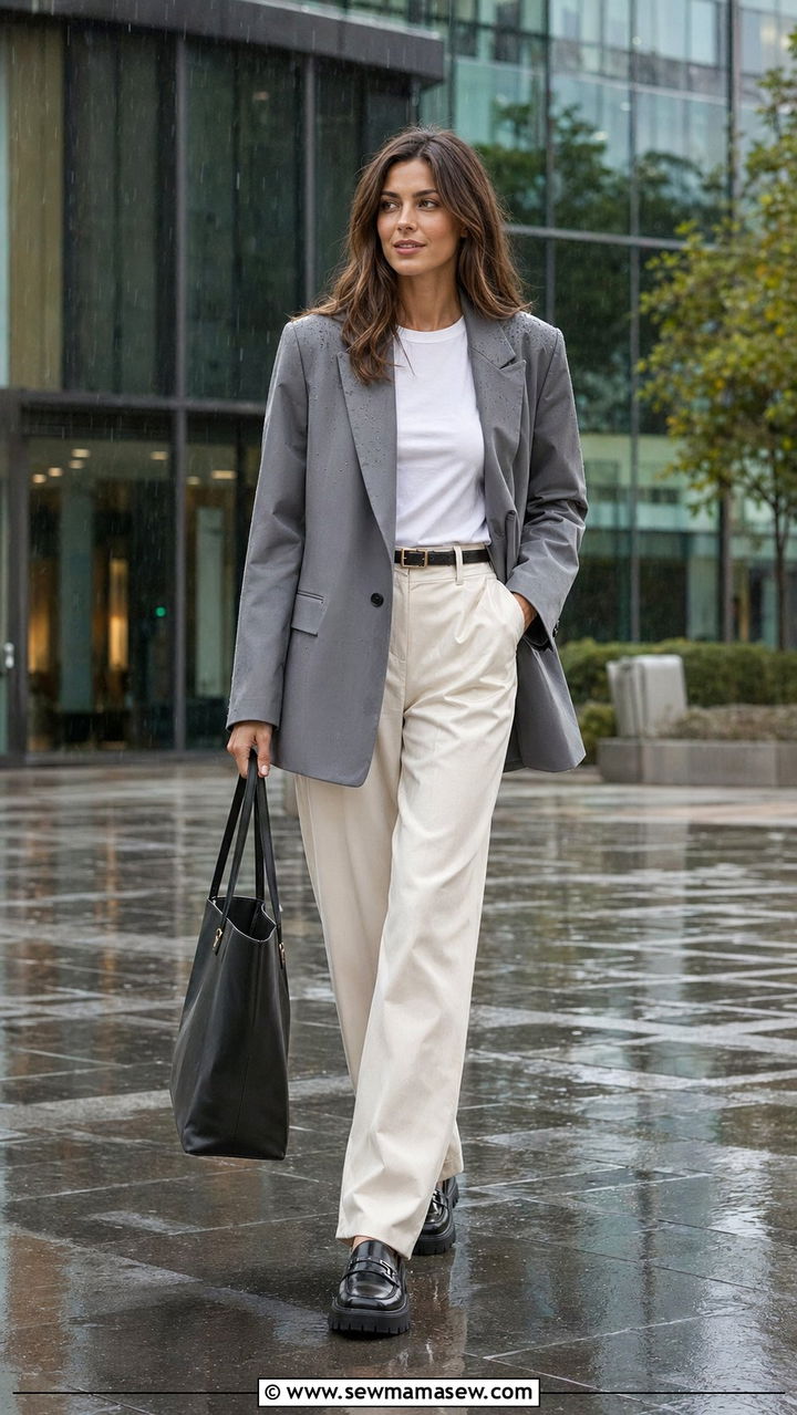 Oversized blazer with fitted tee and wide leg pants - 30 April showers outfit ideas