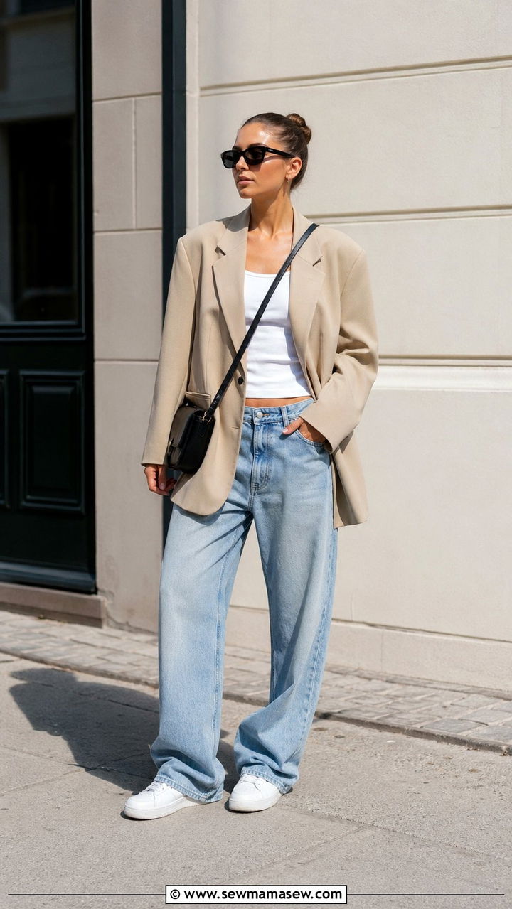 Oversized blazer with light wash baggy jeans - 30 Baggy jeans outfit ideas with a blazer