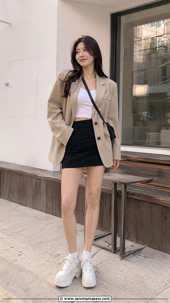 Oversized blazer with mini skirt and sneakers - 35 Seoul vacation outfit ideas