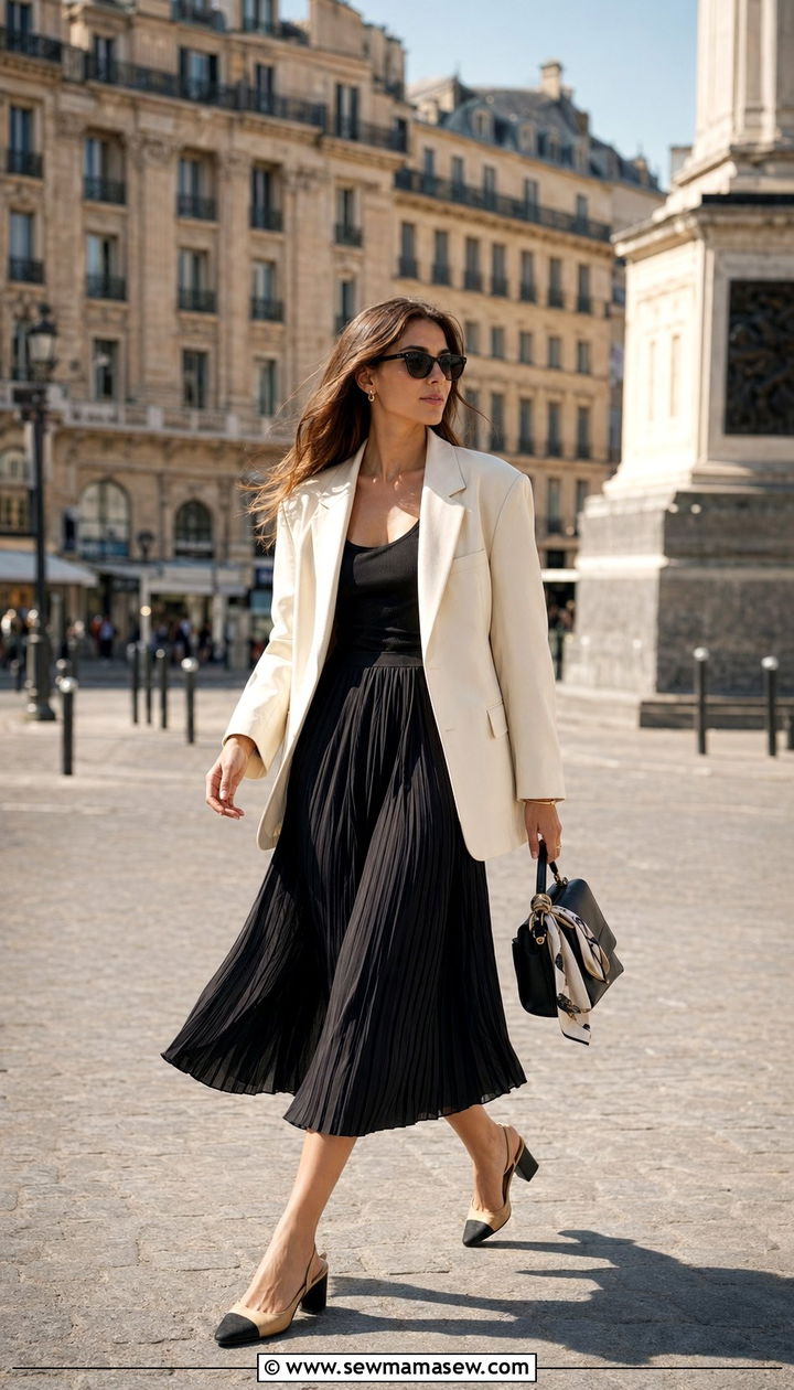 Oversized blazer with pleated midi skirt - 35 Parisian cafe outfit ideas