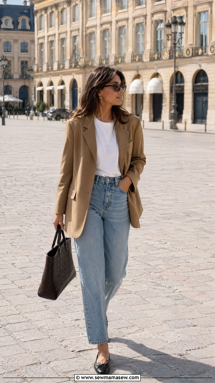 Oversized blazer with white t shirt and relaxed jeans - 35 transitional french girl outfit ideas