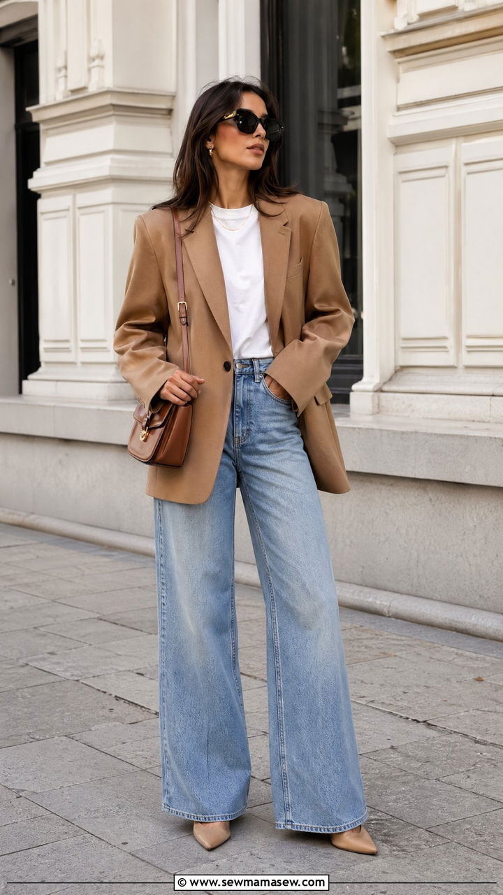 Oversized blazer with white tee and wide leg jeans - 35 transitional outfits for women