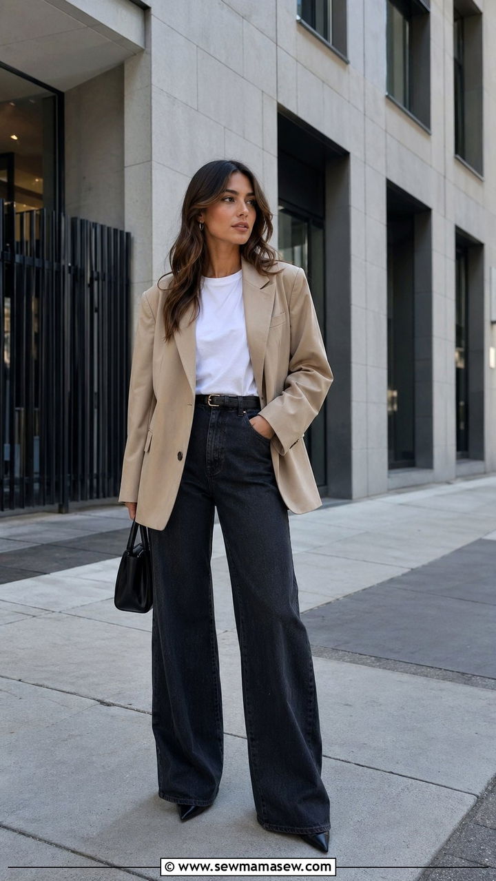 Oversized blazer with wide leg jeans and heels - 35 Rich mom outfit ideas
