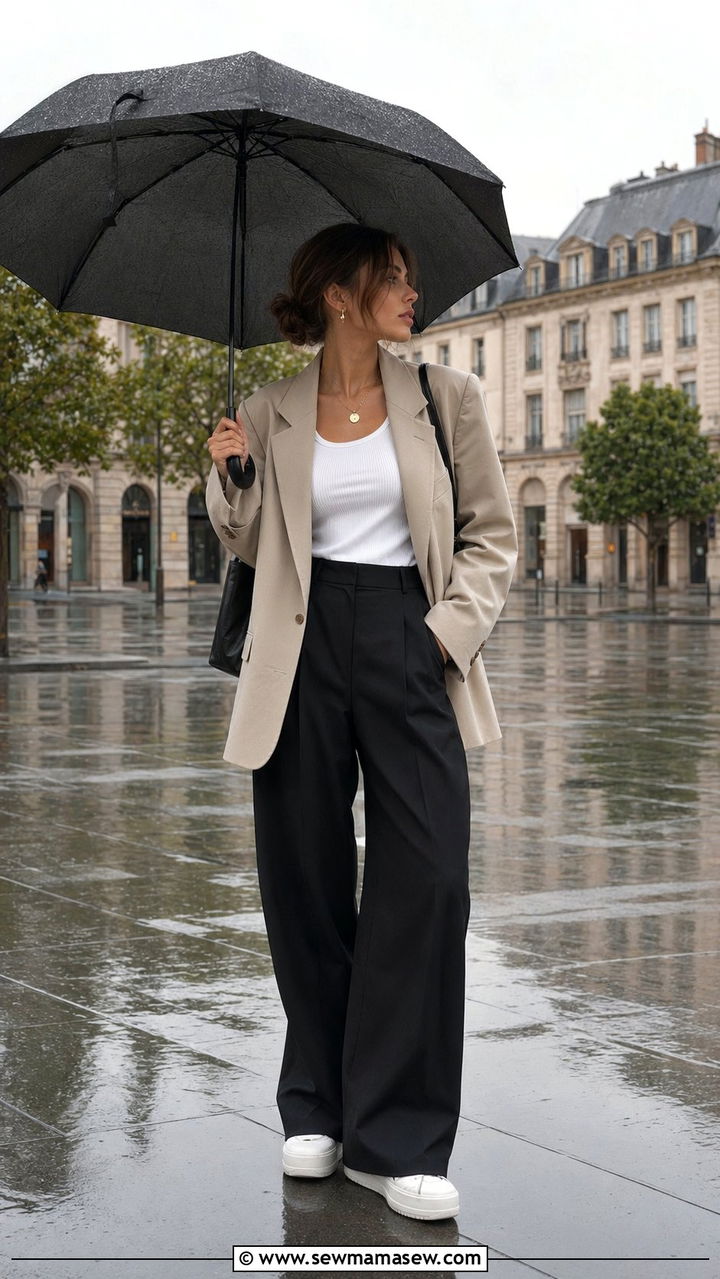Oversized blazer with wide leg trousers and sneakers - 35 rainy day outfits for women