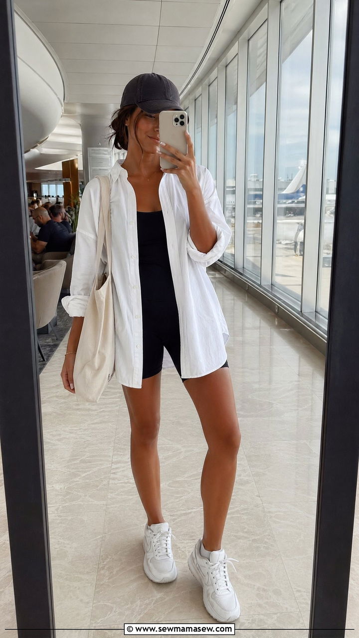 Oversized button down shirt with biker shorts outfit - 35 summer comfy outfit ideas