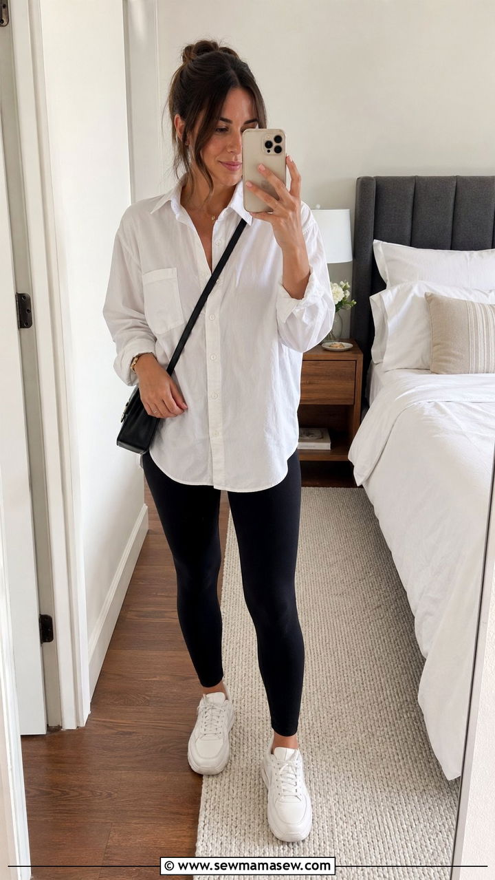 Oversized button down shirt with leggings outfit - 35 Outfit ideas for new moms