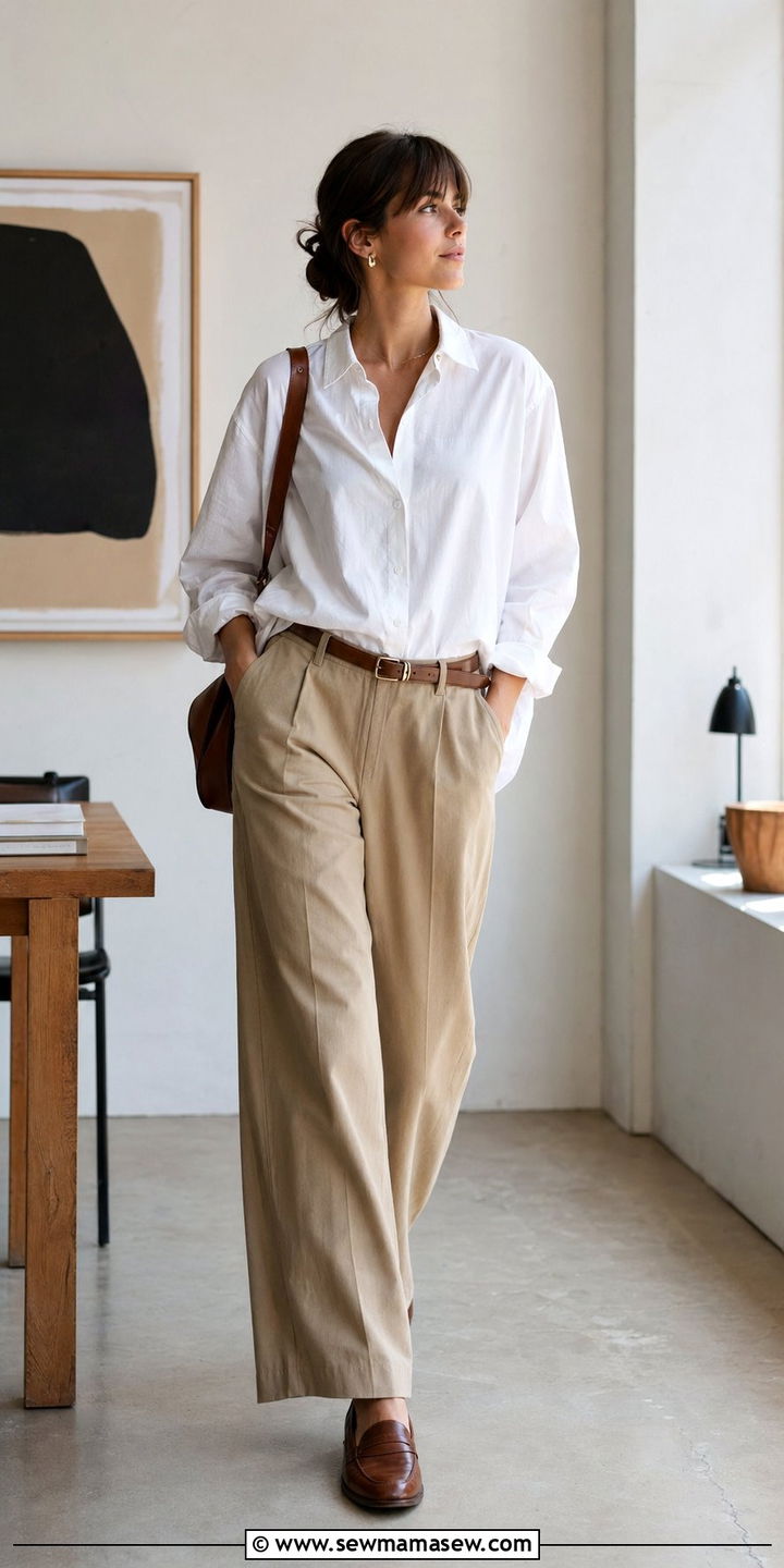 Oversized button down shirt with wide leg pants and belted waist - 35 Modest outfit ideas for office