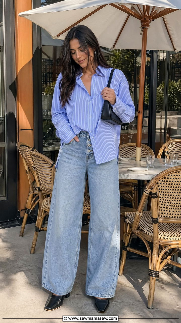 Oversized button up shirt with wide leg jeans and mules - 35 Streetwear spring outfits