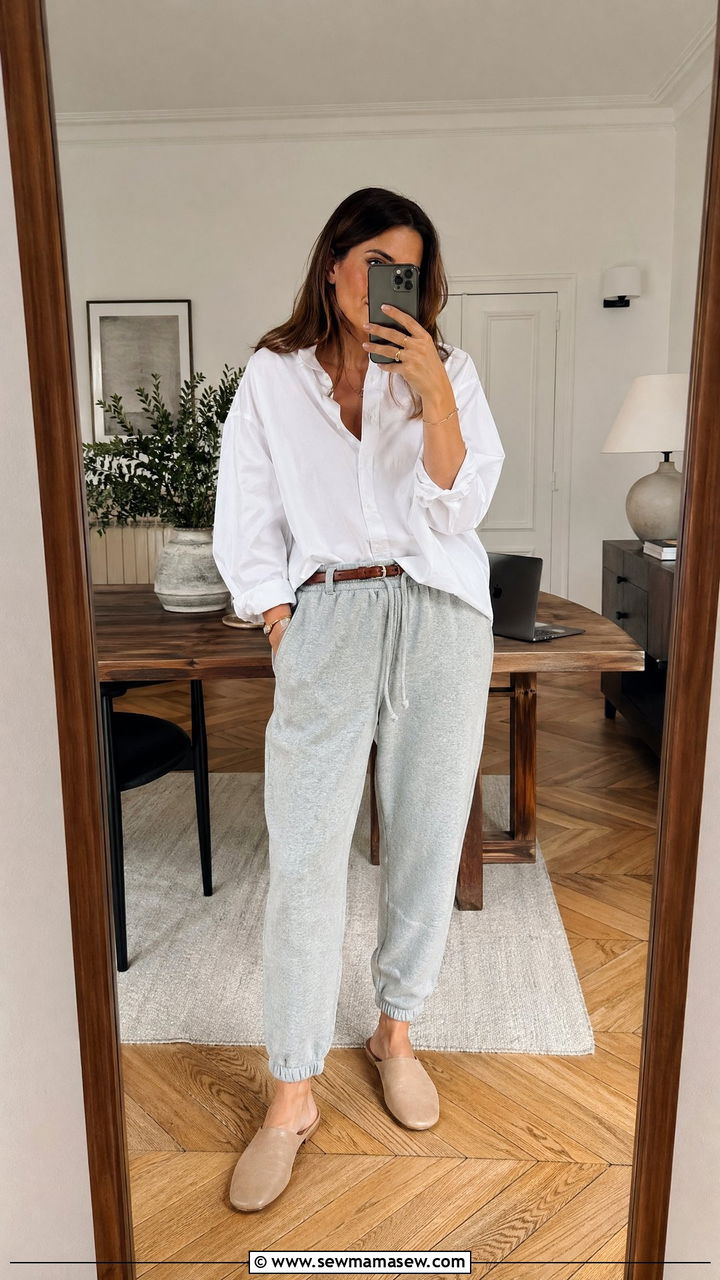 Oversized buttondown with soft joggers - 35 Comfortable work from home outfits