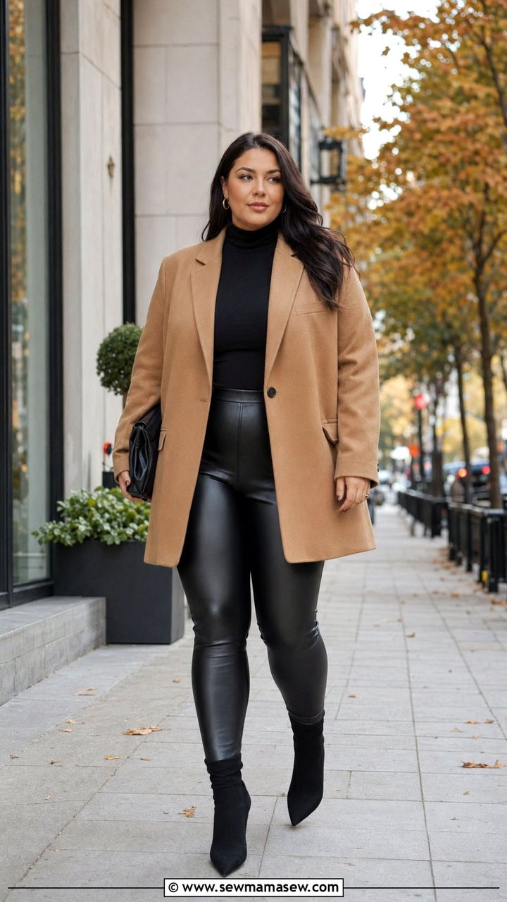 Oversized camel blazer with black turtleneck and faux leather leggings - 30 Best blazers for curvy women