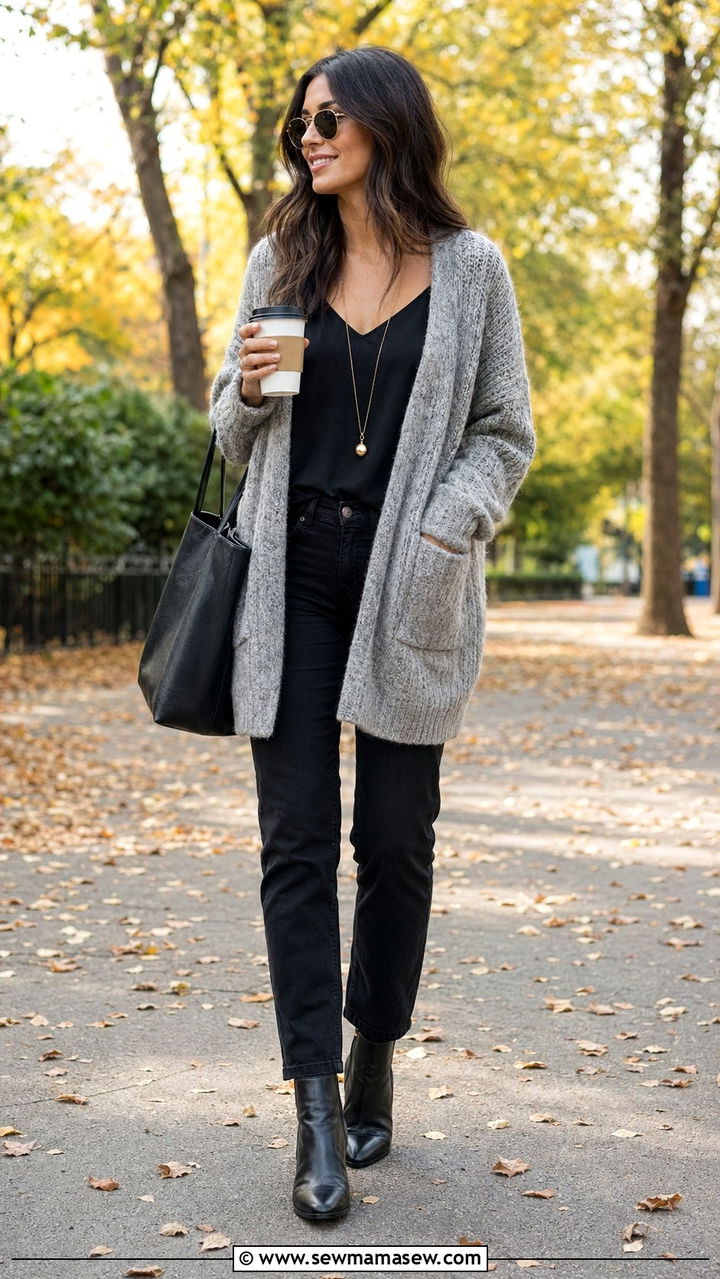 Oversized cardigan and black jeans outfit - 35 Outfit ideas for moms