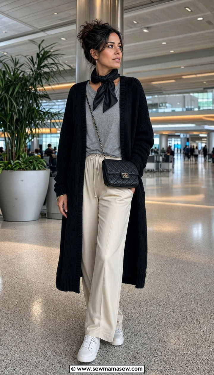 Oversized cardigan and satin pants travel ensemble - 30 Airport outfit ideas Parisian
