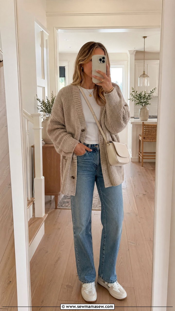 Oversized cardigan and stovepipe jeans outfit - 35 classy outfits 2026