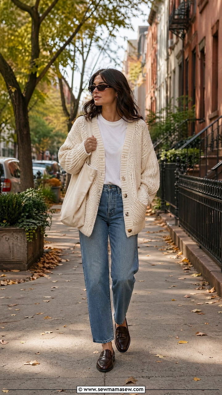 Oversized cardigan with straight leg jeans - 35 Weekend getaway outfit ideas
