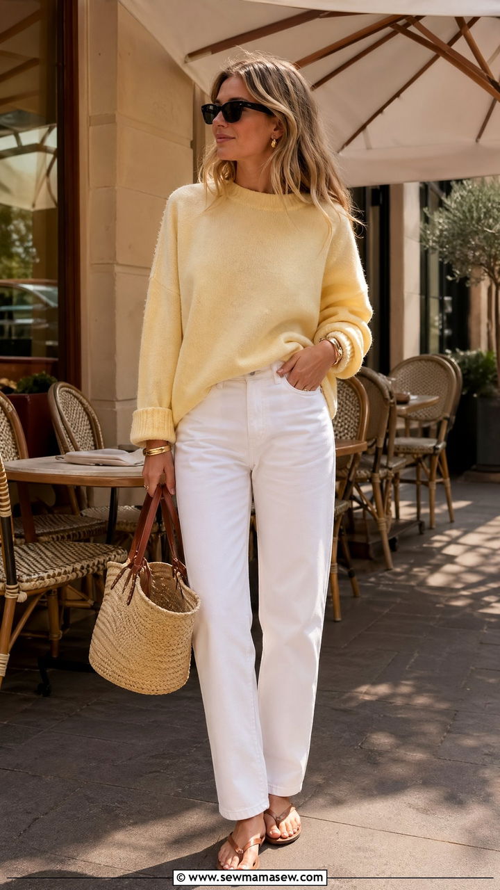 Oversized cashmere sweater with white jeans and sandals - 35 transitional french girl outfit ideas