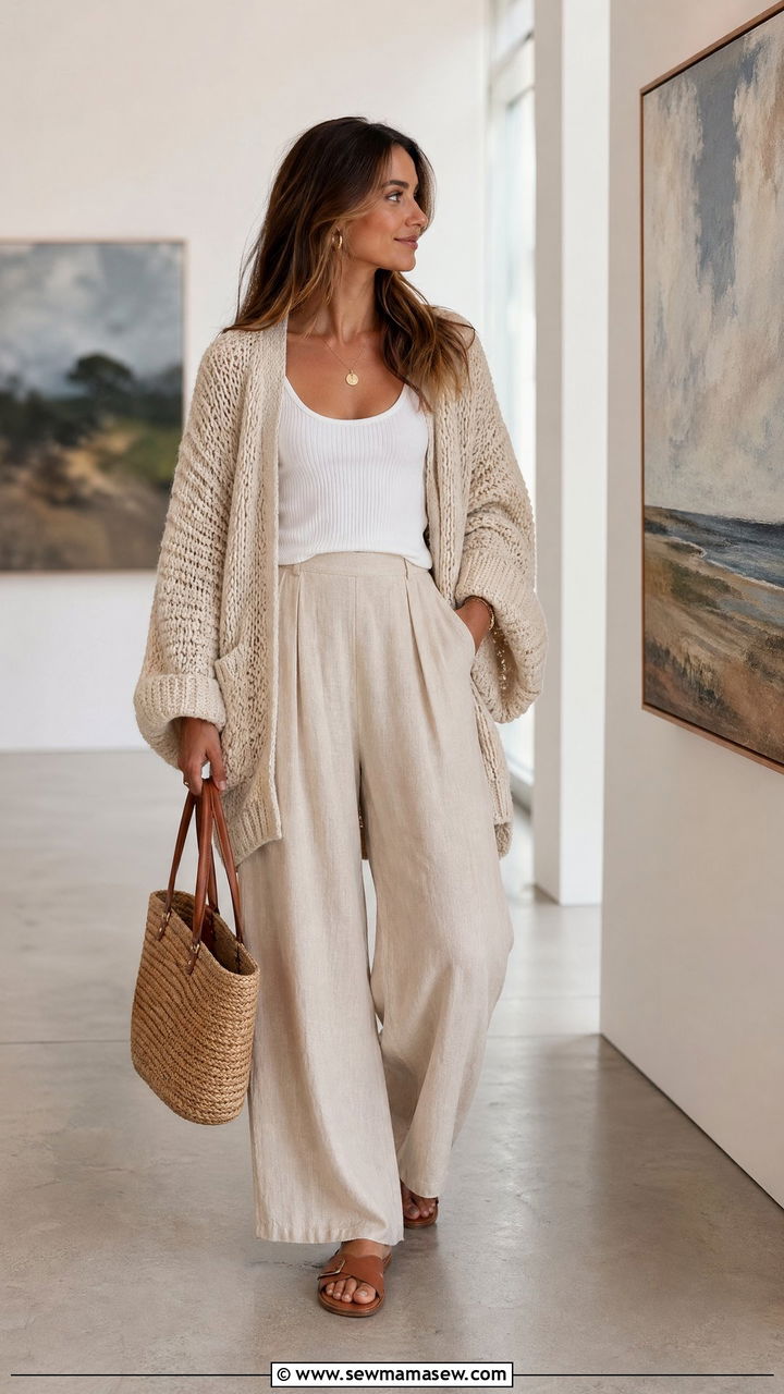 Oversized chunky cardigan with a white tank and wide leg linen trousers - 35 Coastal grandmother outfit ideas