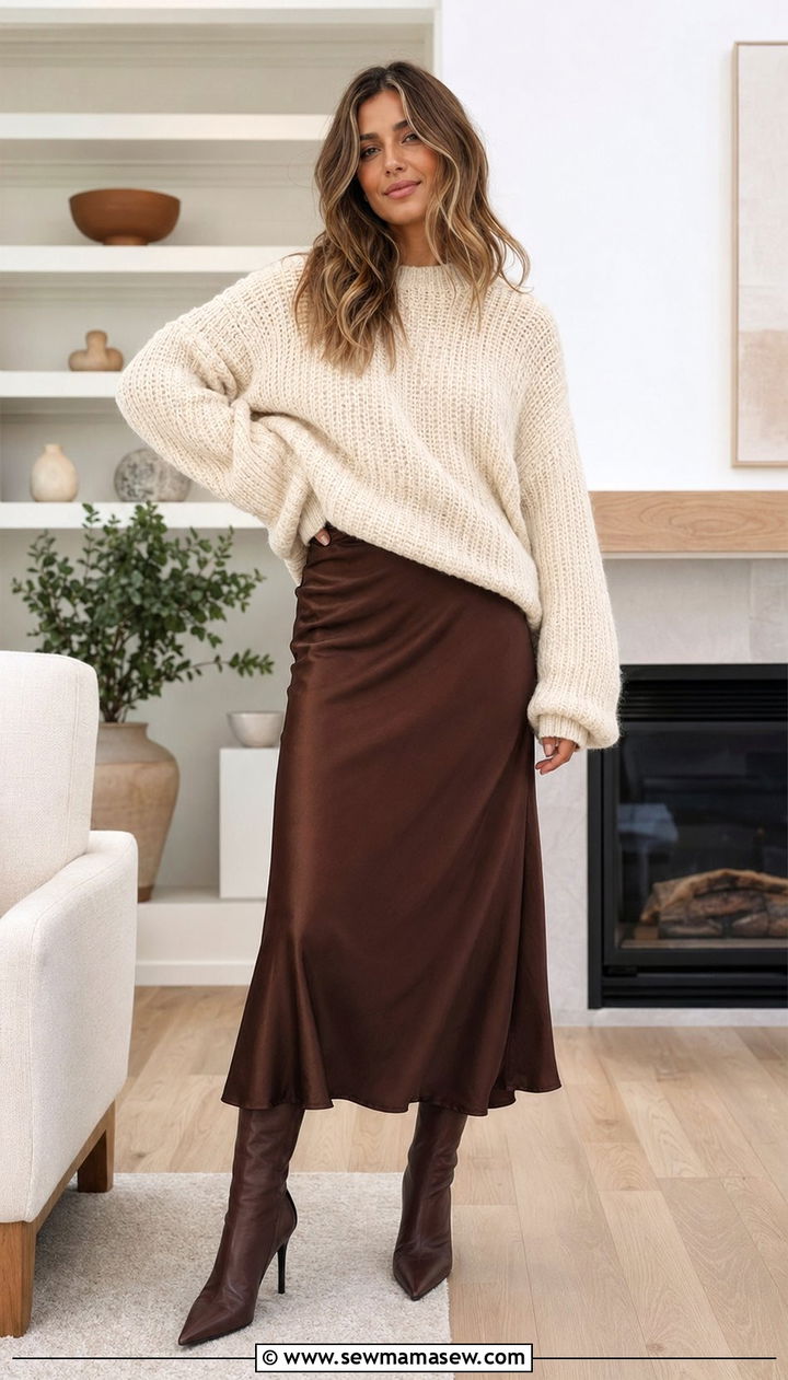 Oversized chunky knit and satin slip skirt outfit - 35 Pinterest outfits