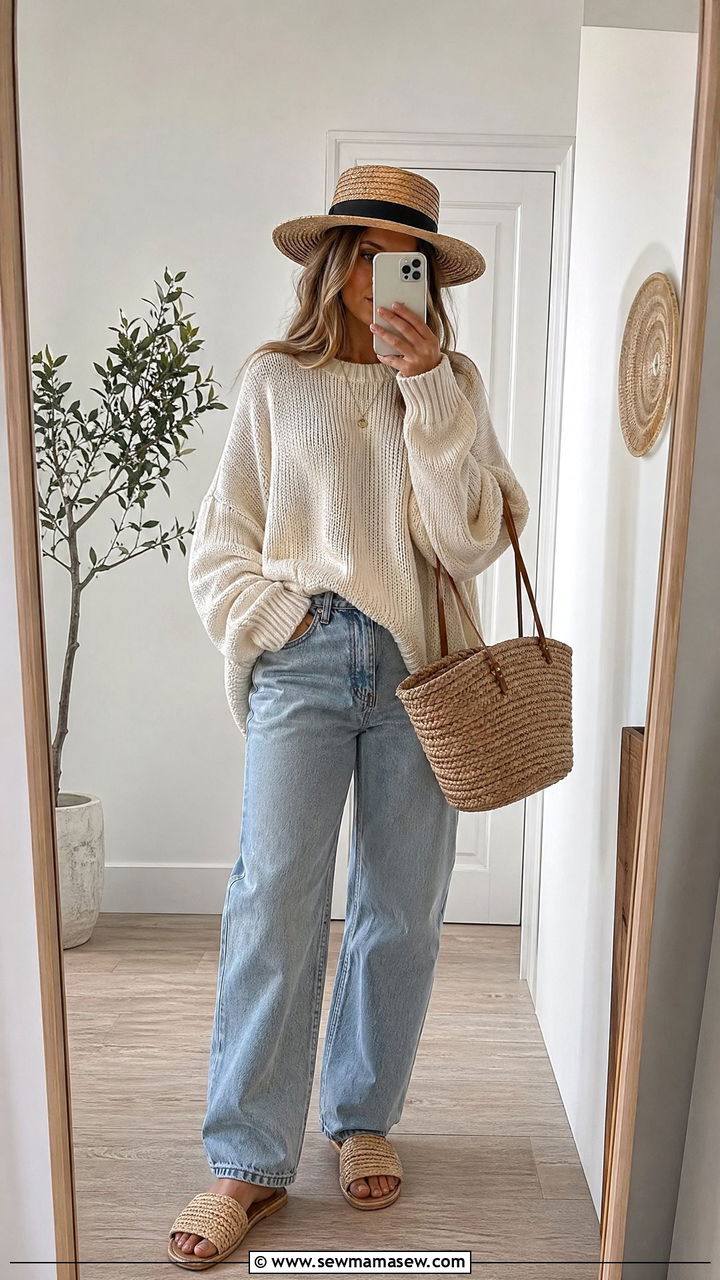 Oversized cream knit sweater with relaxed light wash denim and raffia slides - 35 Coastal grandmother outfit ideas