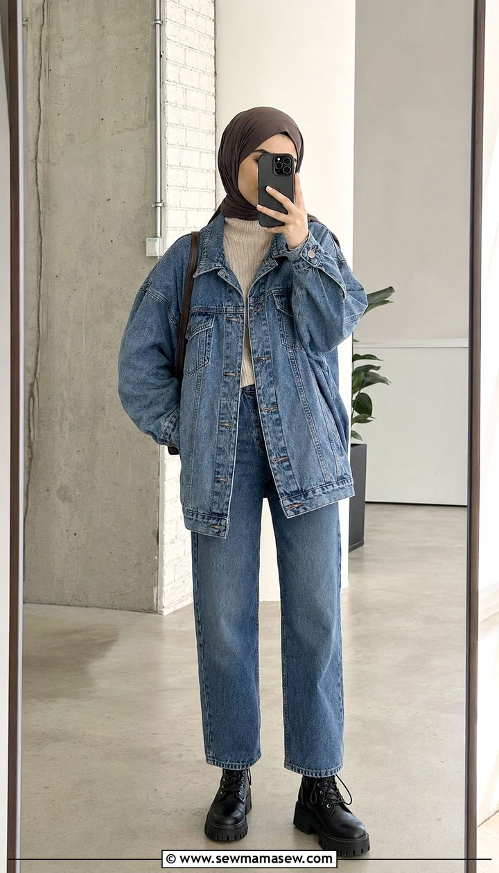 Oversized denim jacket and jeans hijab outfit - 35 Modest outfit ideas with hijab
