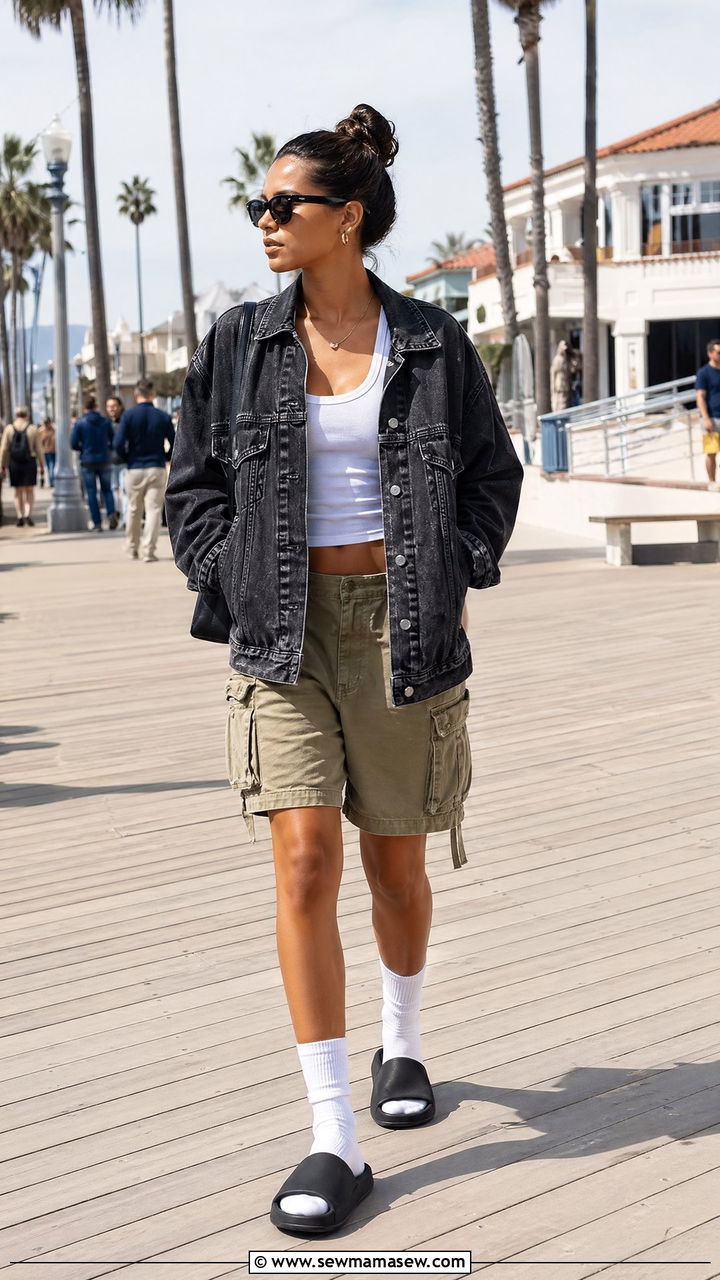 Oversized denim jacket with cargo shorts and slide sandals - 35 Streetwear spring outfits
